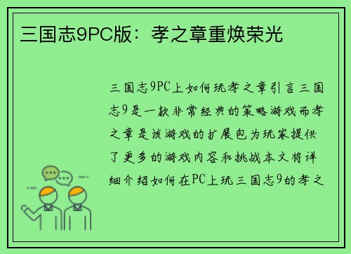 三国志9PC版:孝之章重焕荣光 三国志9PC版:孝之章重焕荣光