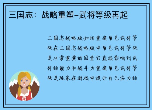 三国志：战略重塑-武将等级再起